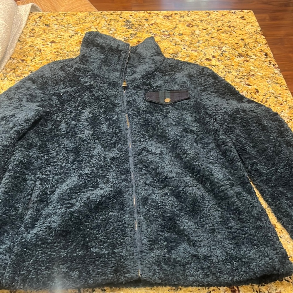 Large dark blue Pendleton jacket with plaid on collar and pocket edges